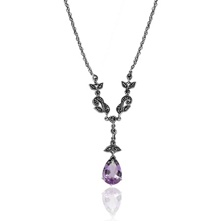 Amethyst and Marcasite Teardrop Necklace - 01N546AMF - Click Image to Close